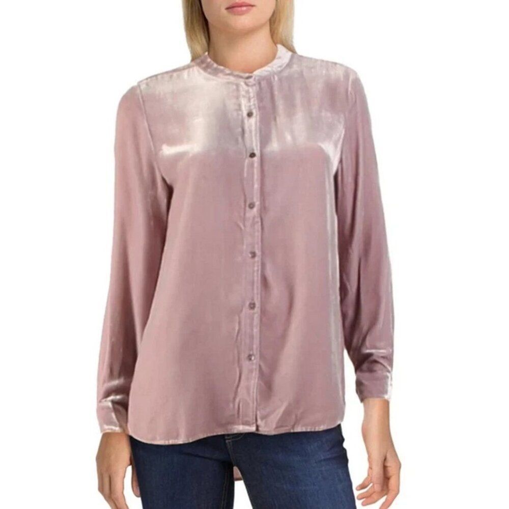 Eileen Fisher Womens Velour Shirt Top Small Mauve Velvet Button Up Blouse EUC